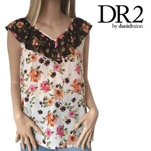 Nordstrom DR2 Rayon Top Shirt Blouse Ruffles Fluttery Floral Keyhole Tie Bow